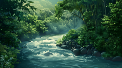 Lush Green Forest River Matte Painting
