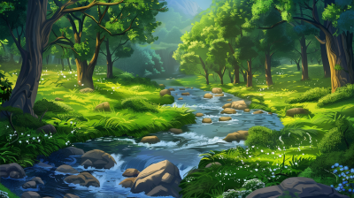 Lush Green Forest with River Painting