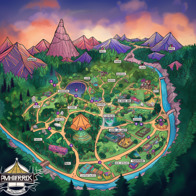 Transformational Music Festival Map in Forested Mountain Valley