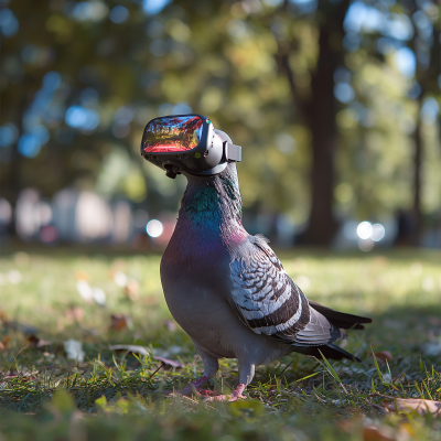 Pigeon in VR headset at the park
