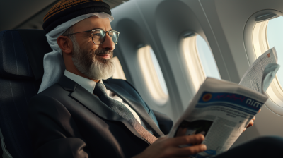 Man in navy suit reading newspaper on a plane