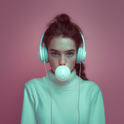 Serious young woman with headphones and bubble gum
