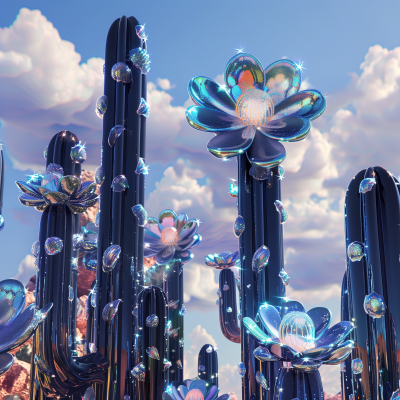 Abstract Flower Cacti in a Futuristic Cityscape