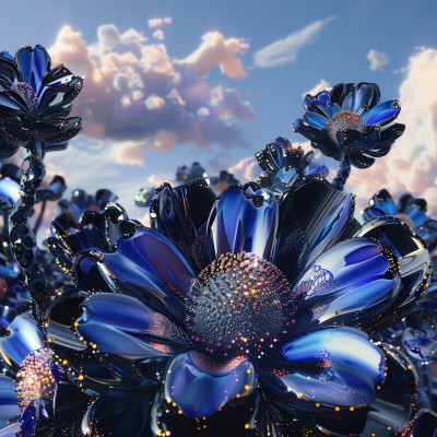 Abstract Blue and Black Flower Cacti