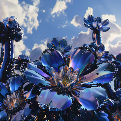 Blue and Black Flower Cacti in Surrealistic Landscape