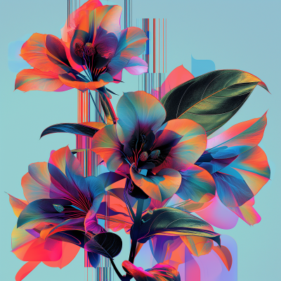 Vibrant Glitch Floral Vector Artwork