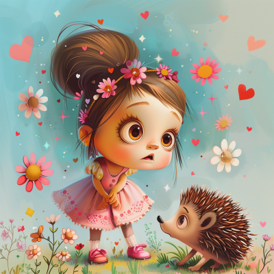 Adorable cartoon illustration of a girl and a hedgehog