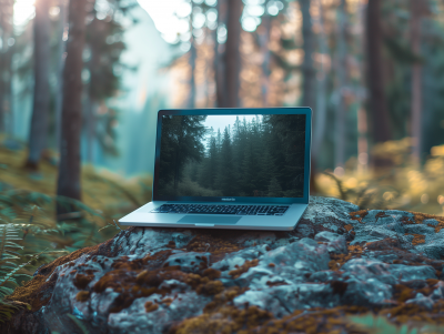 Laptop on Rock in Forest Mockup