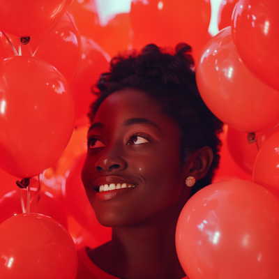 Smiling Black Girl Surrounded by Red Balloons