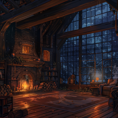 Rustic House Interior with Fireplace at Night