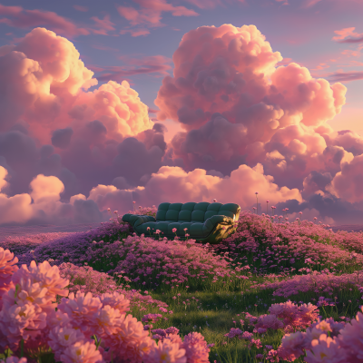 Dreamy Futuristic Landscape with Pink Flowers