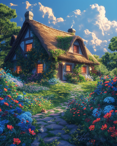 Colorful Village Cottages Illustration