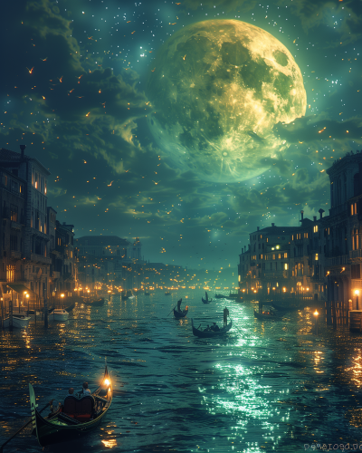 Fantasy Venice Canals at Full Moon Night