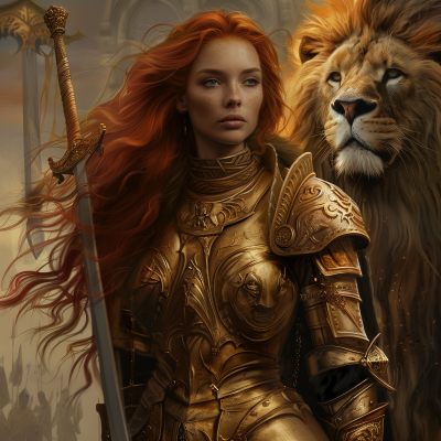 Red Haired Warrior Woman with Lion