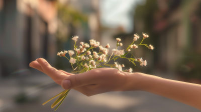 Hand holding flowers in perspective on a white background
