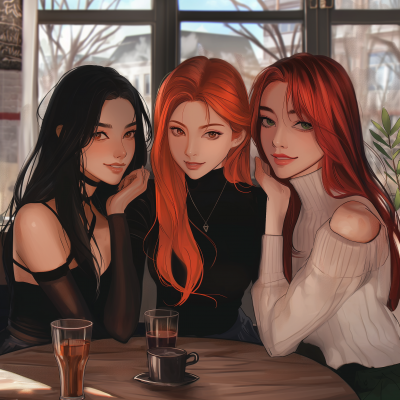 Three Friends Sitting in a Cafe
