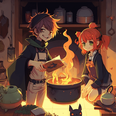 Anime-style Demon Boy and Witch Girl Cooking Potion