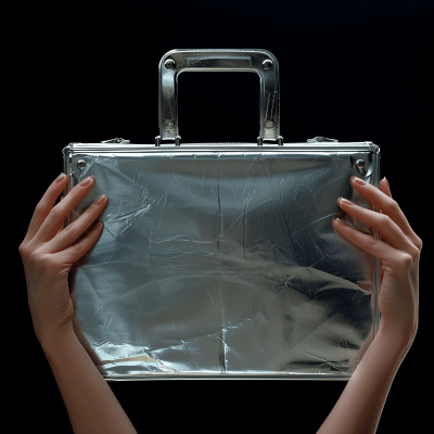 Woman hands holding blank silver briefcase