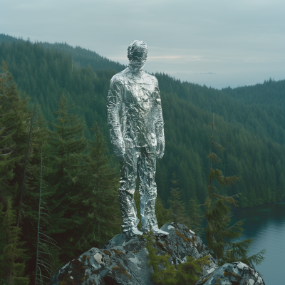 Silver metallic suit inhabitant on cliff edge