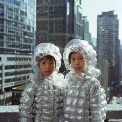 Futuristic City Scene with Kids in Silver Bubblewrap Costumes