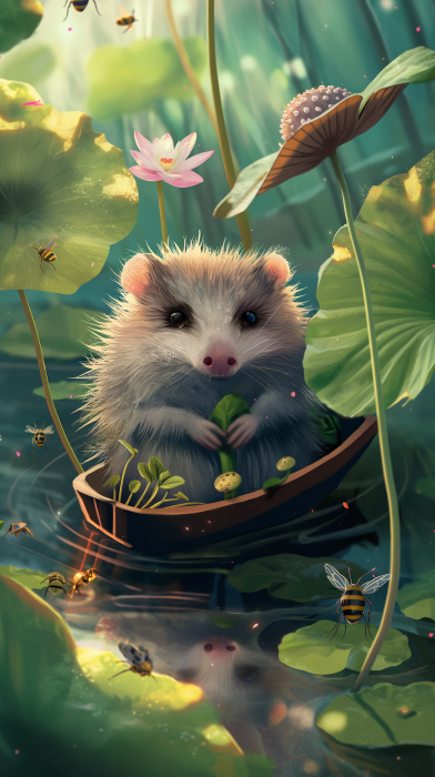 Loish’s Opossum in Lotus Pond