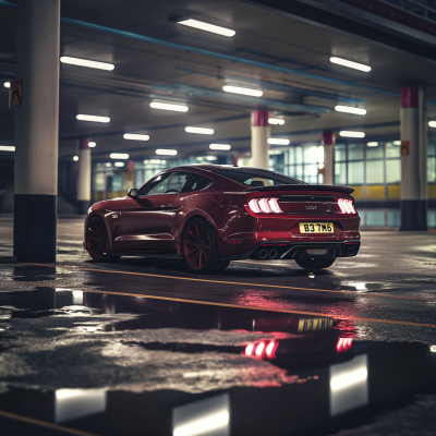 Luxurious Metallic Red Mustang in Car Park at Night