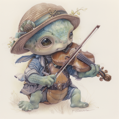 Adorable Turtle Playing Violin in Fairytale Style