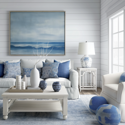 Beach House Room in Blue and White Tones