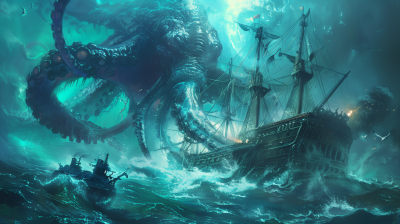 Atlantean Warship and Kraken Battle