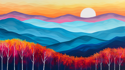 Abstract Mountainous Coastline Landscape with Birch Trees
