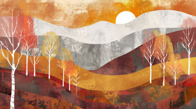 Abstract Mountainous Coastline Landscape with Birch Trees
