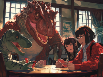 Dinosaur and Kakegurui Characters Playing Card Games