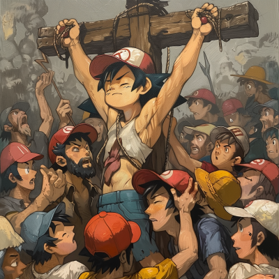 Medieval reimagining of Ash Ketchum from Pokèmon on the cross