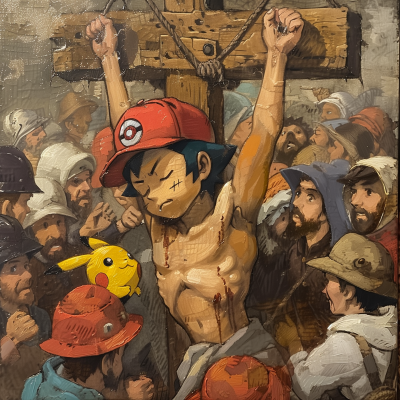 Medieval Painting of Ash Ketchum on the Cross