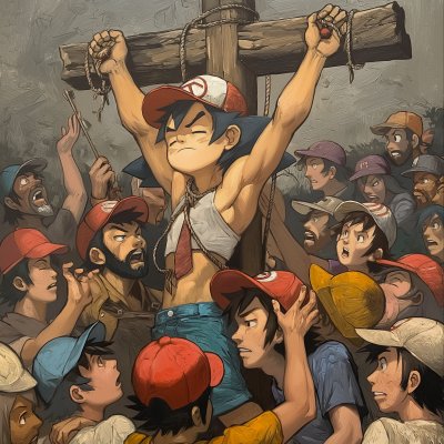 Medieval Painting of Ash Ketchum on Cross