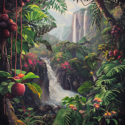 Tropical Jungle with Passionfruits and Waterfall