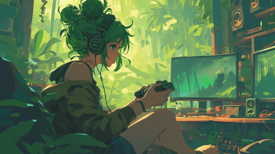 Green-haired woman playing video games in nature