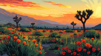 Joshua Trees and California Poppies at Sunset