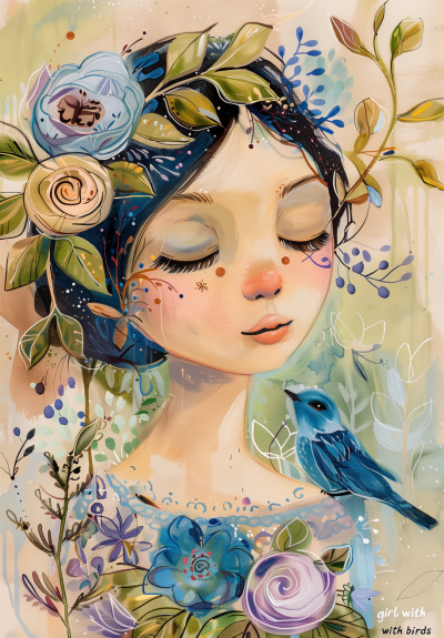 Dreamy Girl with Birds Painting