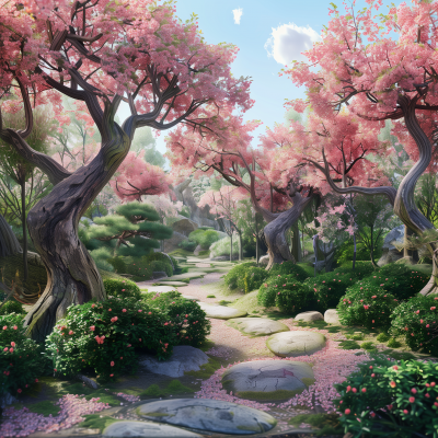 Japanese Garden with Pink Buds