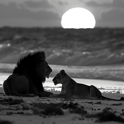 Lion and Lioness on Beach at Sunset