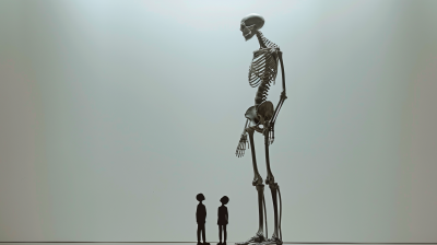 Giant Human Skeleton Towering Over Small People
