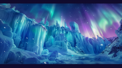 Frozen Ice Castle under Aurora Borealis