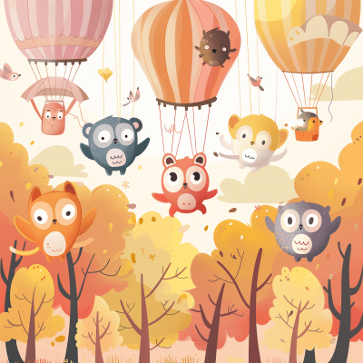 Cute Cartoon Forest Illustration with Parachuting Animals