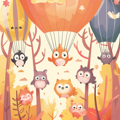 Cute Cartoon Illustration with Trees, Parachutes, and Animal Characters