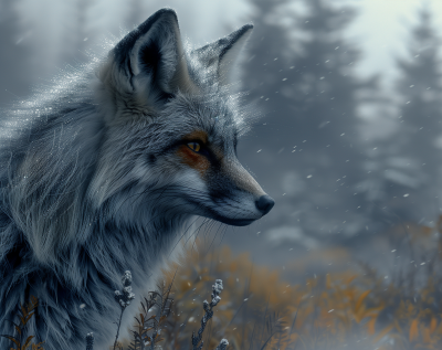 Gray Colored Fox in Foggy Pine Forest at Dusk