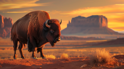Bison in Monument Valley at sunset