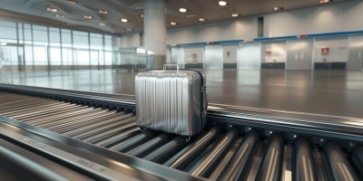Metallic Silver Suitcase on Conveyor Belt
