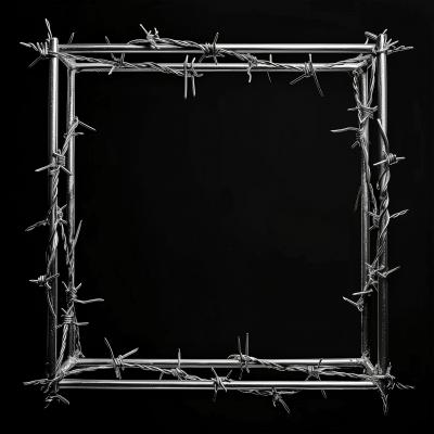 Minimalistic Metal Photo Frame and Barbed Wire on Black Background