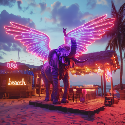 Neon Sign on Empty Beach with Flying Monster Elephant